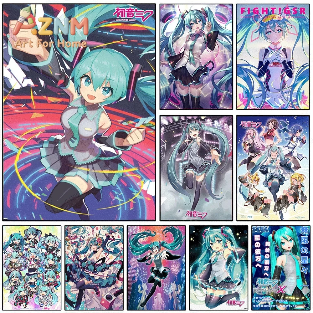 Hatsune Miku Dynamic Concert Racing Group Collage Canvas Painting Unframed Anime Vocaloid Wall Art Poster for Bedroom Home Wal