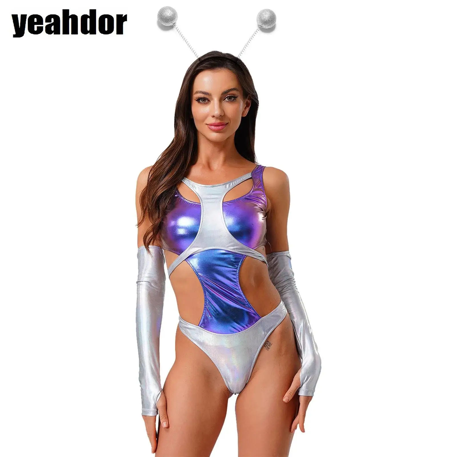 

Women Alien Cosplay Costume Halloween Astronaut Outer Space Uniform Metallic Shiny Hollow Out Bodysuit Sleeves And Headwear Suit
