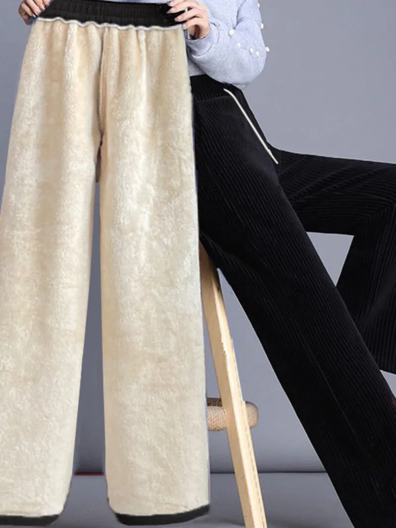 양털 안감 와이드 레그 캐주얼 팬츠 여성용 가을 겨울 스포츠 바지 하이웨이스트 9부 길이
