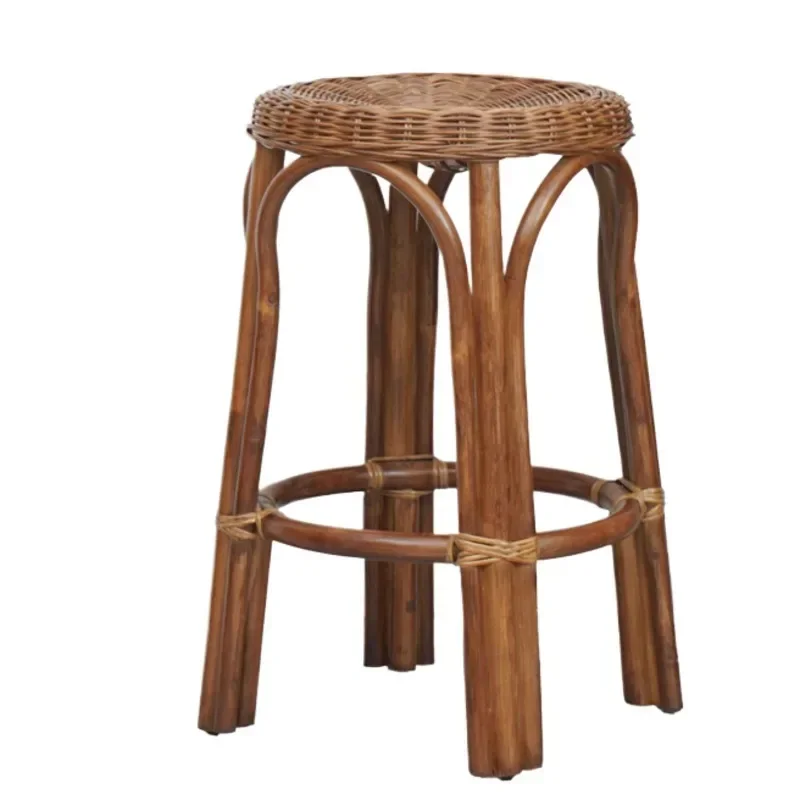 Solid Wood Natural Rattan High Foot Bar Stool with Backrest, Mid-Century Modern Accent Chair for Homestay, Kitchen & Bar