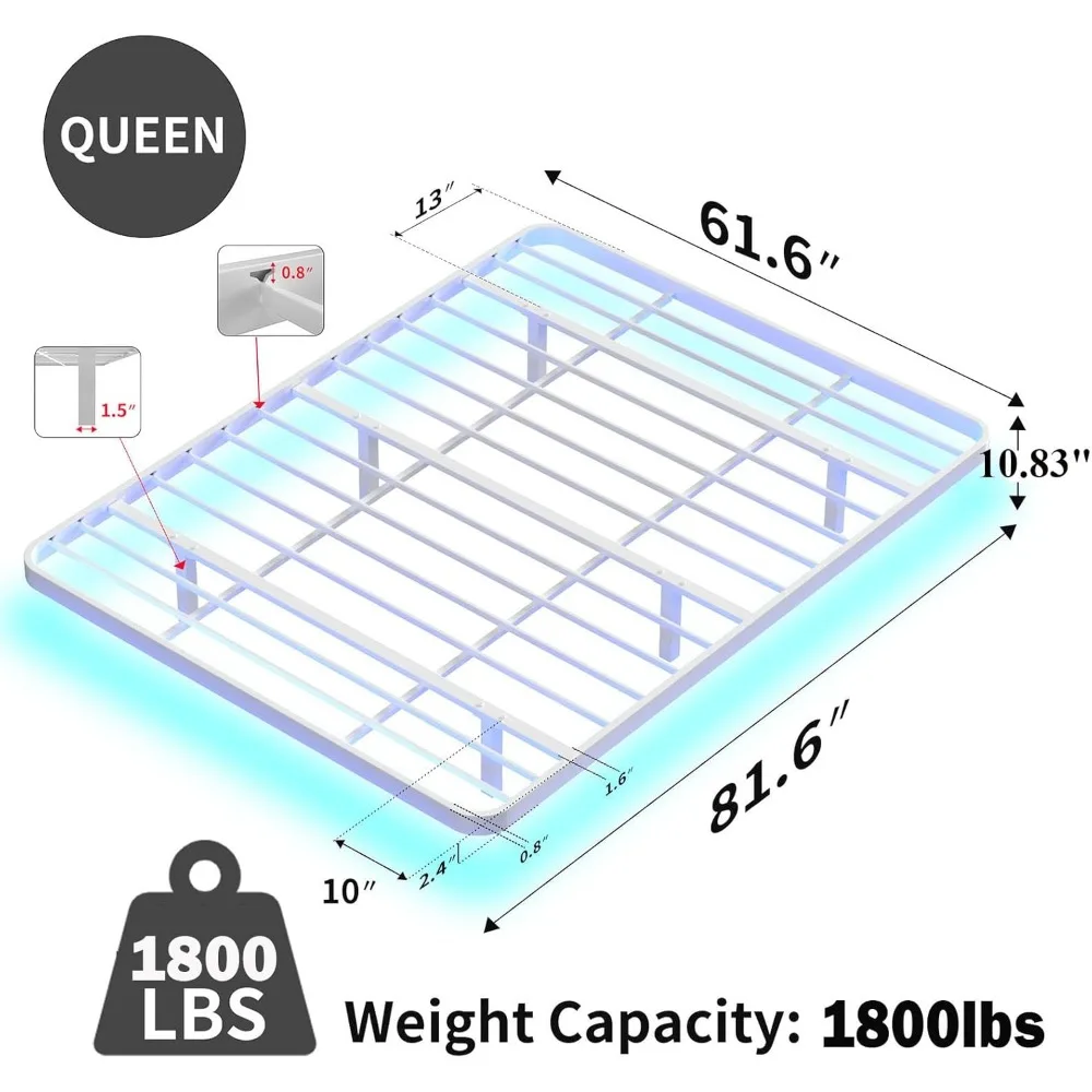 White Floating Bed Frame Queen with LED Lights, 10.8