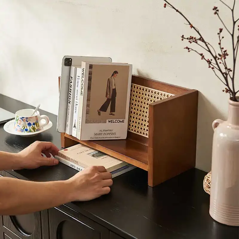 Nordic creative wabi-sabi wind small bookshelf home floor magazine shelf desktop book newspaper rattan storage shelf