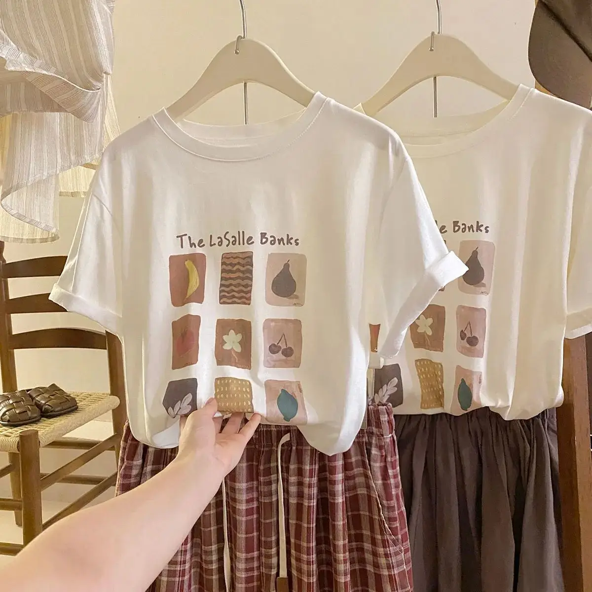 Ultra-Hand Feel Modal Fruit Pattern Printed Simple Short Sleeve T-Shirt Women Summer Loose Shoulder Young Looking Top