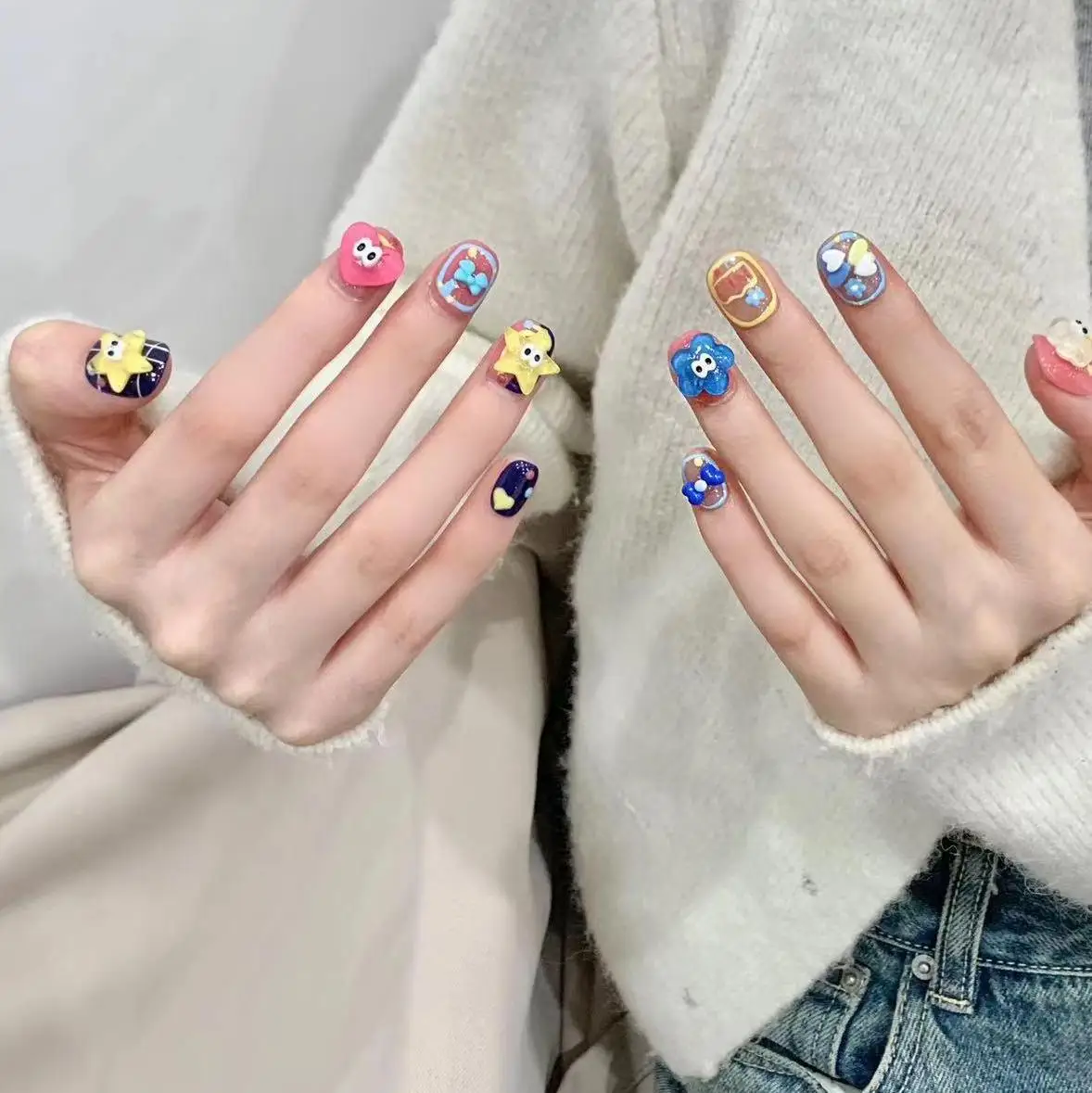 Handmade Press on Nails Cartoon Resin Star Cloud Decor False Nail Tips for Girls Wearable Sweet Short Fake Nail Patches 10pcs image 3