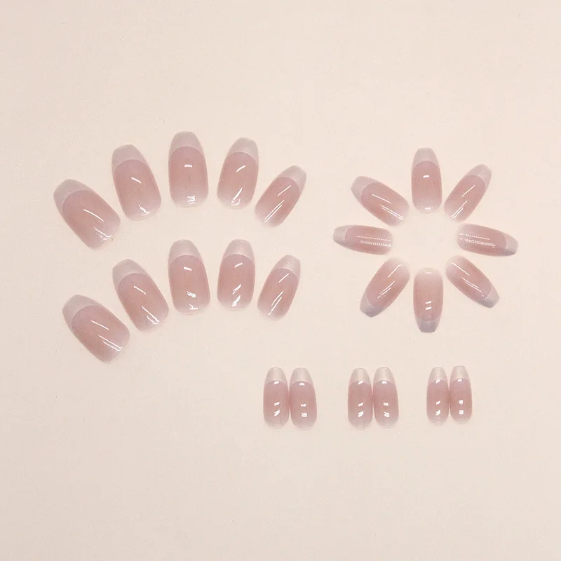 24pcs Short Ballet Blush Champagne Aurora French False Nails for Gluing Korean Cheap Medium Fake Nail Press on Finger Nail Kit