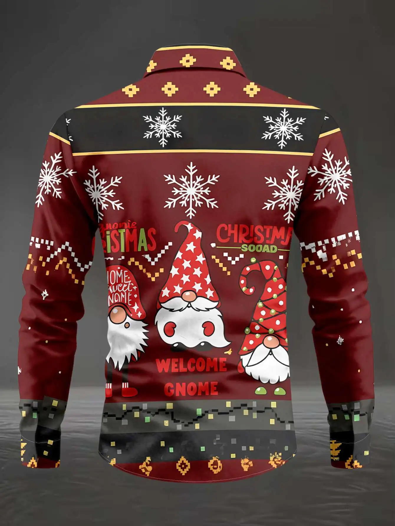 Mens Festive Xmas Shirt, Wine Red Base Gnome Snowflake Text All Over Print Long Sleeve Button Up Party Outfit