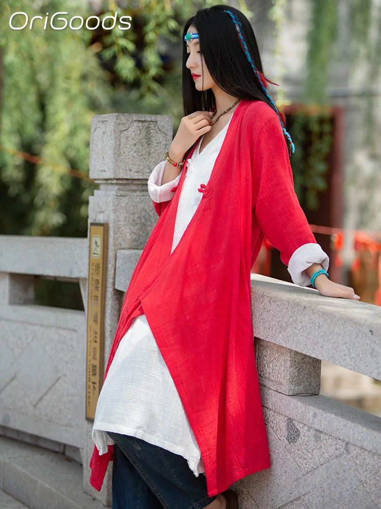 OriGoods Women Long Kimono Shirt Chinese Style Cotton Loose Elegant Shirts Zen Japan Mori girl Women 2023 Summer New Tops B051