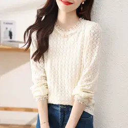 Stylish Lace Jacquard Weave Blouse Spring Autumn Casual Solid Color Women's Clothing Round Neck All-match Chic Beading Shirt New