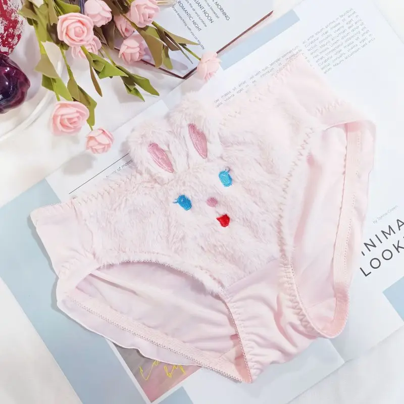 Women Milk Silk Cute Lovely Sweety Furry Rabbit Underwear Ruffles Elasticity Breathable Princess Style Panties Sexy Lacing