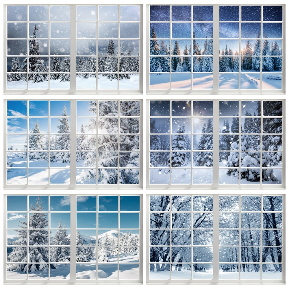 Winter Window Photography Background Christmas Pine Tree Snow Scenery Home Decoration Baby Family Portrait Backdrop Photo Studio