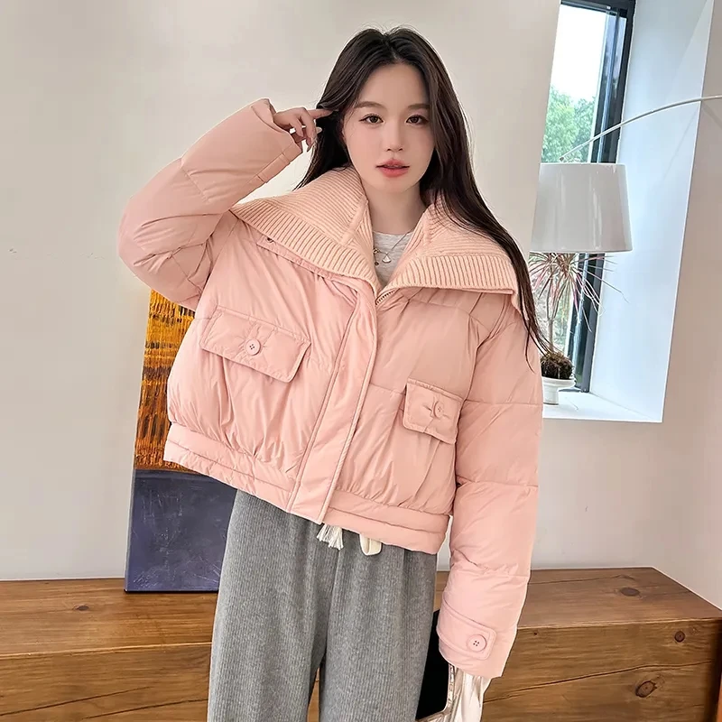 Jaket Parka Wanita Korea Warna Pink Bahan Katun, Mantel Musim Dingin Oversize Tebal Hangat Longgar Model Puffer, Jaket Wanita Polos Modis dengan Ritsleting