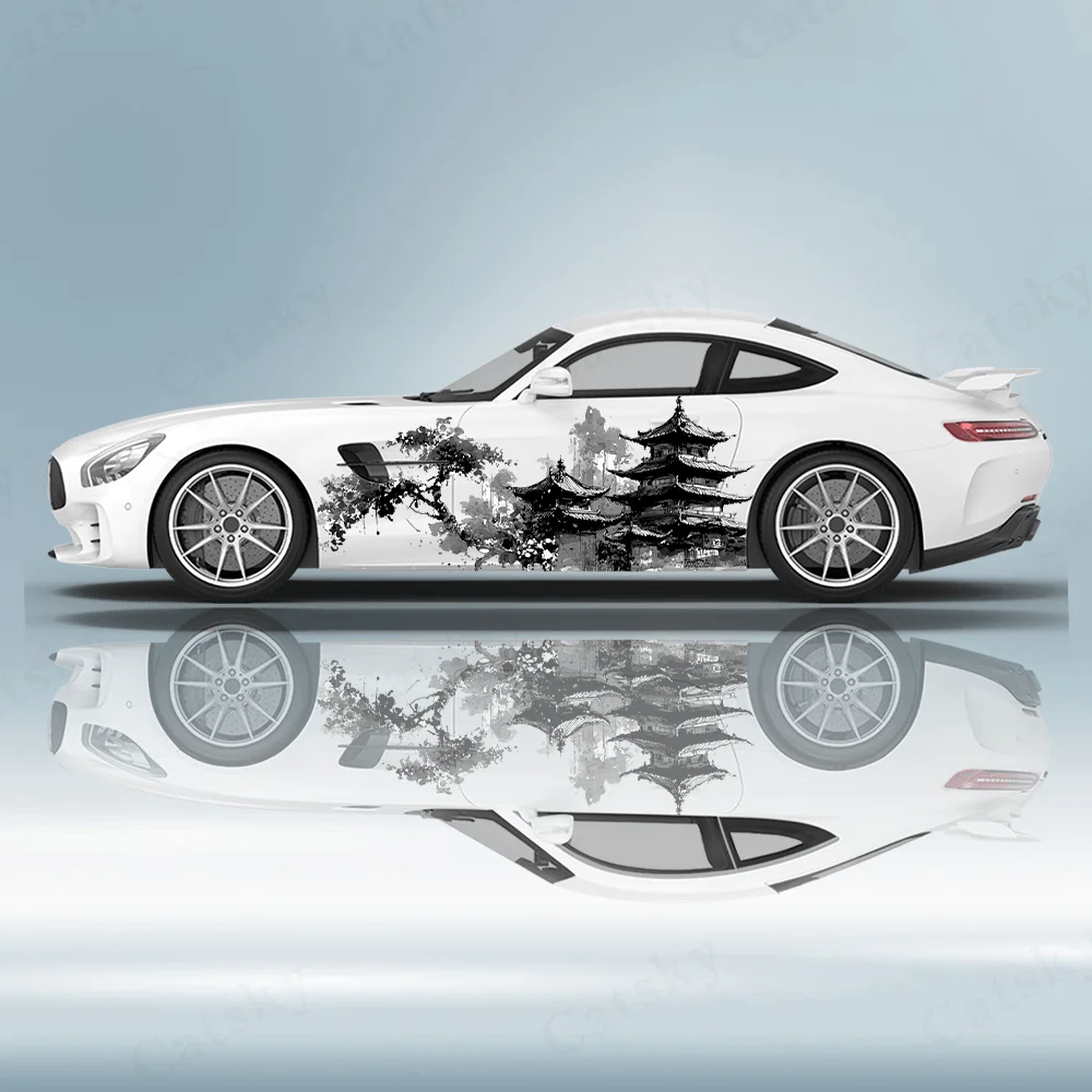 

Black and White Tower Decals Full Body Floral Decoration Covering Scratches Protect Car Decals Waterproof Car Vinyl Wraps