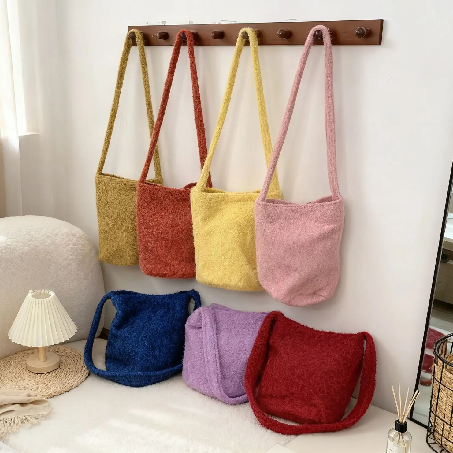 Plush Rainbow Shoulder Bag Autumn Winter Fluffy Colorful Bucket Bag Woman Autumn Winter Bag