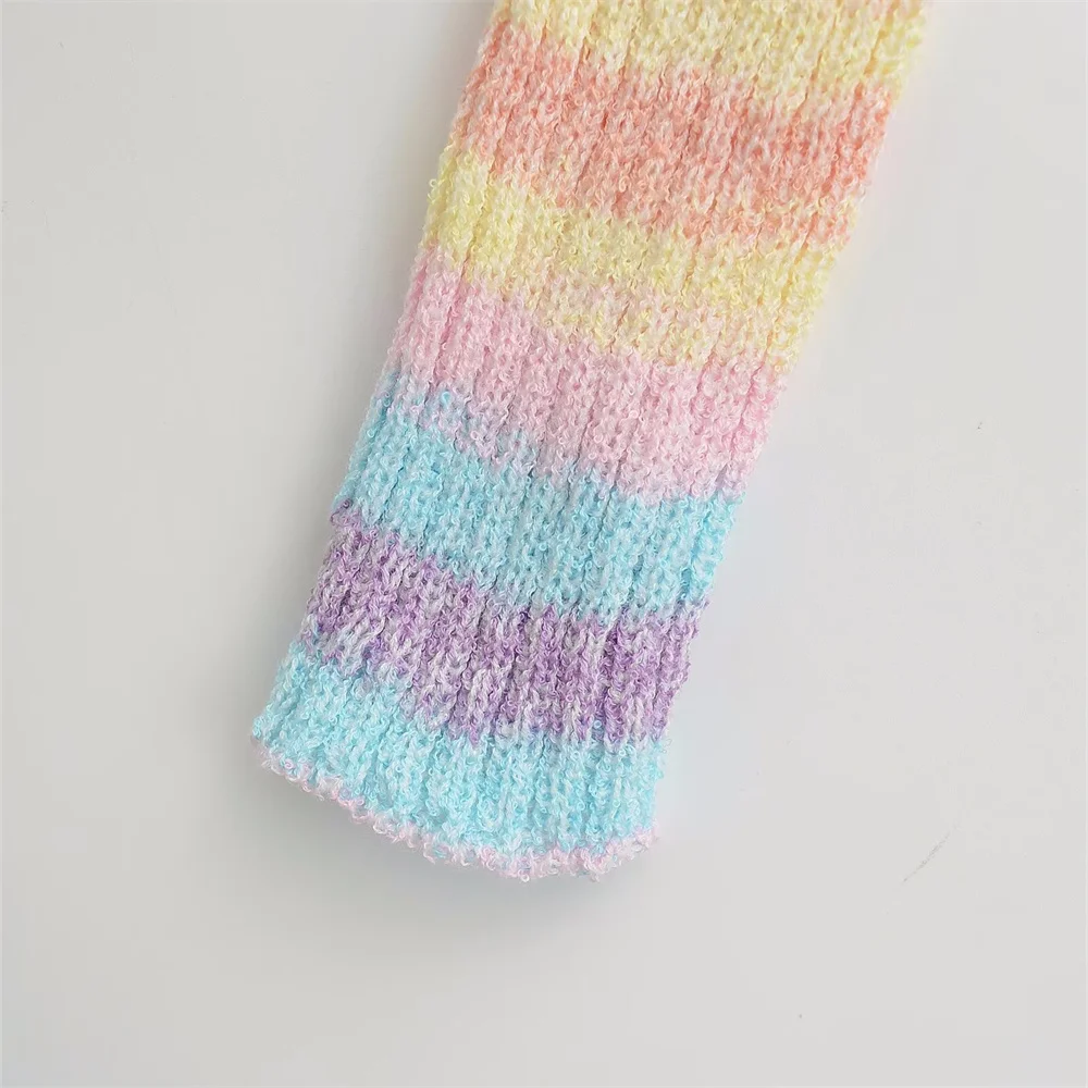 Camisola feminina moda gradiente arco-íris listra curto decote em v manga longa de malha outono nova camisola