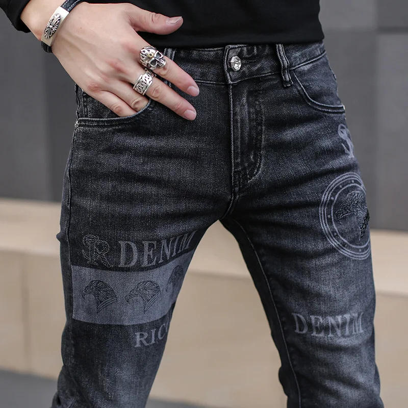 Black Jeans For Men Fashion High Street Slim Printing Denim Man Pants Autumn Stretchy Casual Biker High Quality Men\'s Clothing