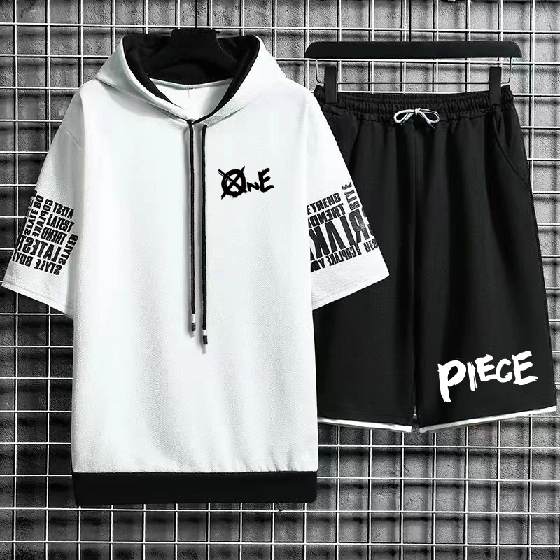 Japan Casual Men's Hoodie Suit Summer High Street Harajuku Hoodie T shirts Shorts 2 Piece Set Anime Men's Clothing Sports Suit