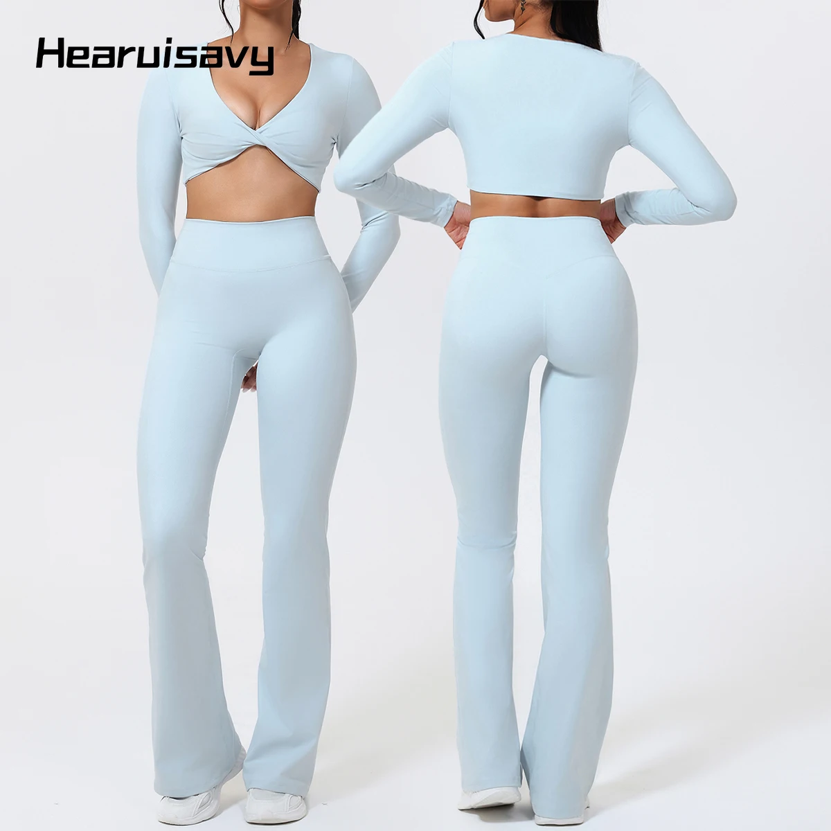 Hearuisavy Flared Pants Sets 2Pcs Woman ECO Pilates Twist-Knot Long Sleeved Cropped Sports Top High Waisted Butt Lift Yoga Pants