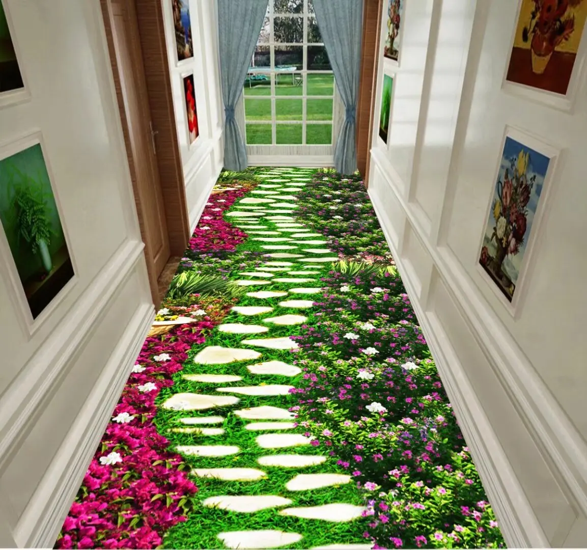 3D Stereoscopic Flower and Grass Corridor Long Carpets Light Luxury HALLWAY Rug Non-slip Runner Carpet Pastoral Road Stair Mat