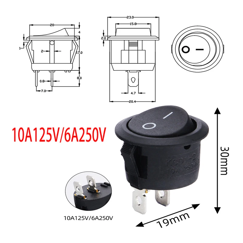 20 قطعة مفتاح الروك البلاستيكي الأسود على إيقاف 2 دبوس مفتاح تبديل دائري صغير 3A 250 فولت 6A 125 فولت مفاتيح دائرة لقارب شاحنة سيارة RV