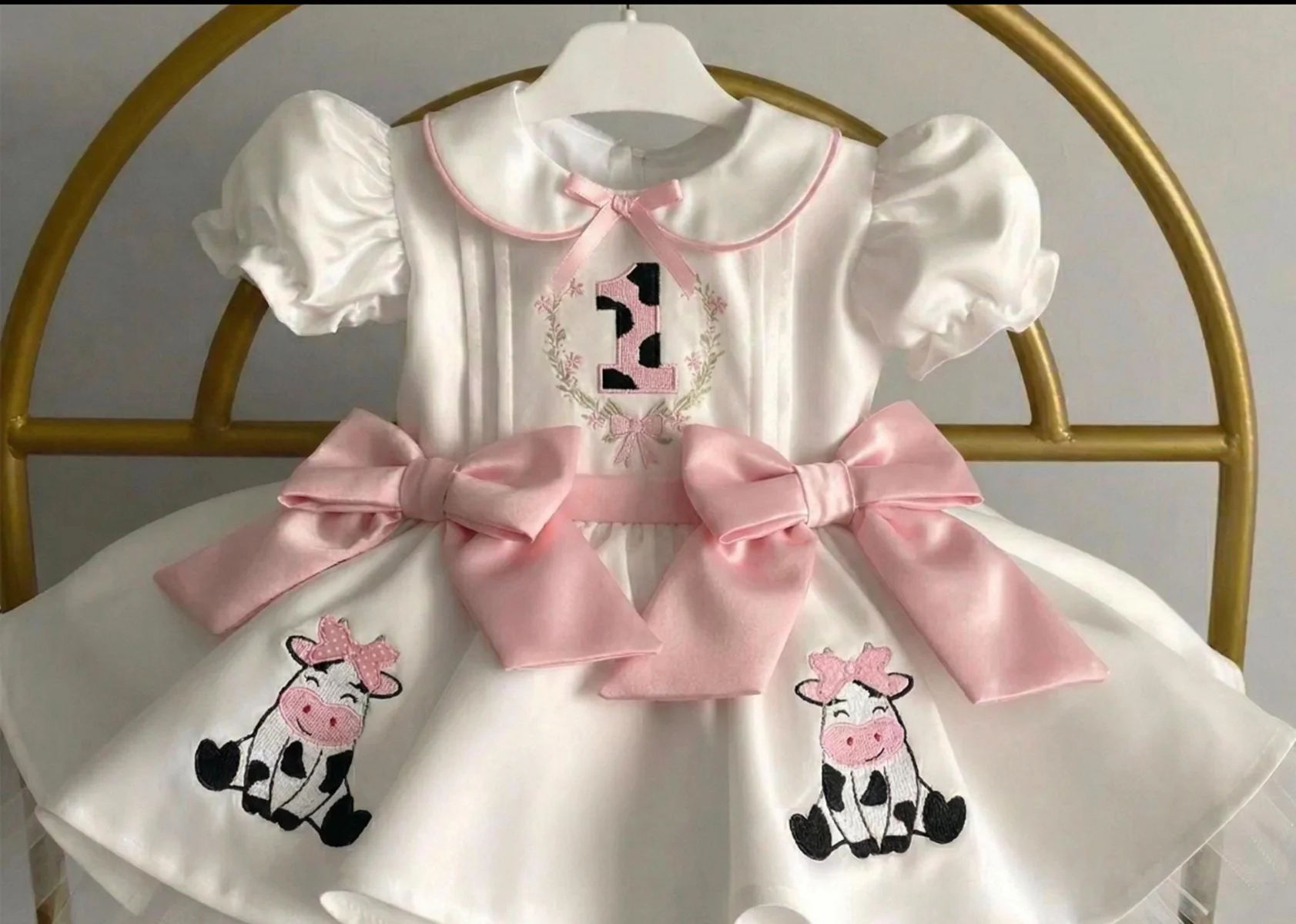 Summer Girl Cute Cow Embroidery Powder Bow White Puffy Dress for Casual Party Birthday Wedding Photography B610