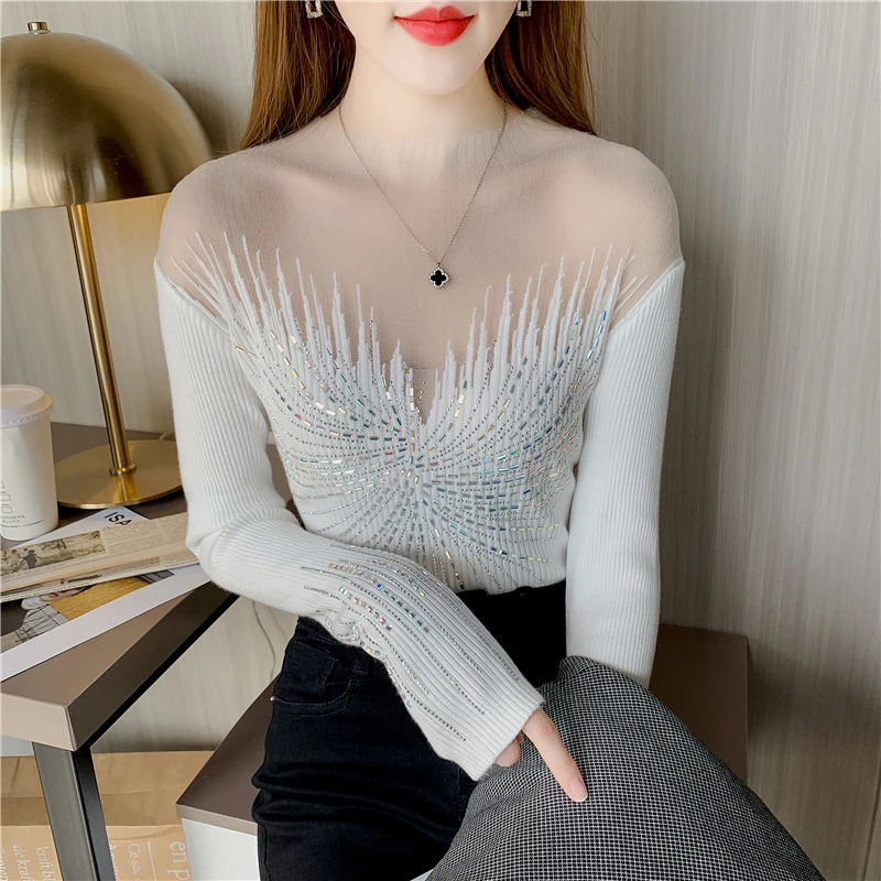 Ladies Mesh Stitching Nail Bead Pullover Sweater Women Clothing Girls  Autumn Casual Knitwear Female Woman OL Sweaters Py2616