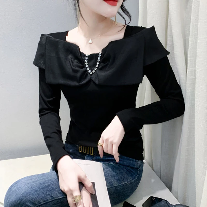 Women\'s Clothing 2024 Spring Autumn Bow Rhinestone Elegant Chic Basic T-shirts Korean Fashion Sexy Solid Long Sleeve Slim Tops