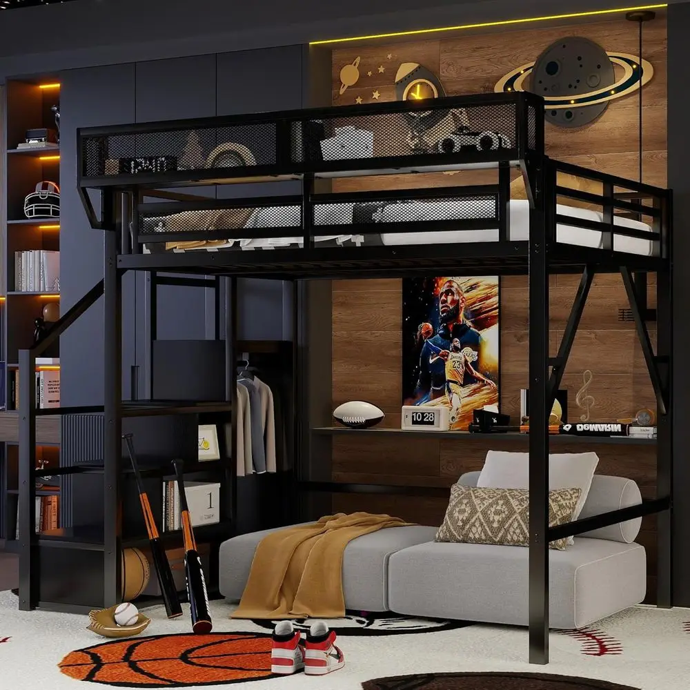 

Black Metal Loft Bed with Stairs, Storage Shelves, and Wardrobe for Kids & Teens - No Box Spring Required