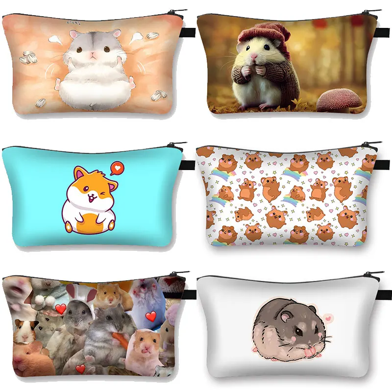 Kawaii Cartoon Hamster Print Cosmetic Case Women Makeup Bags Lipstick Jewelry Organizer Zipper Pouch Toiletry Cosmetic Bags Gift