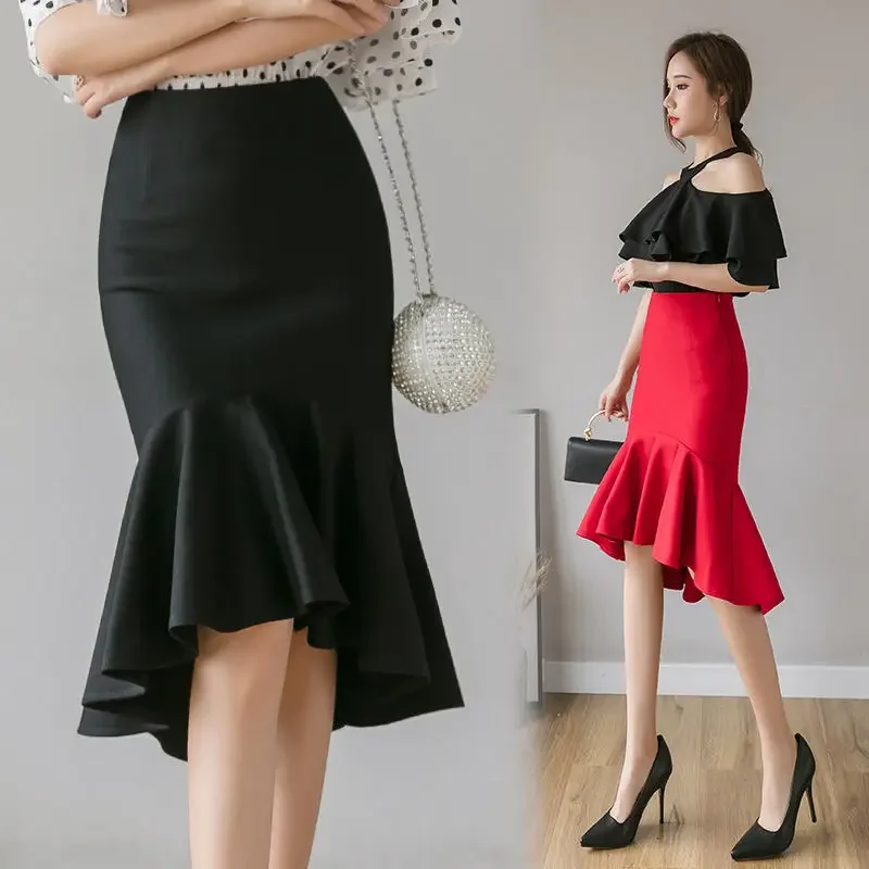 

Elegant Fashion Ruffles Splicing Mermaid Skirt 2024 Summer New Office Lady Commute All-match Asymmetrical High Waist Knee Skirts