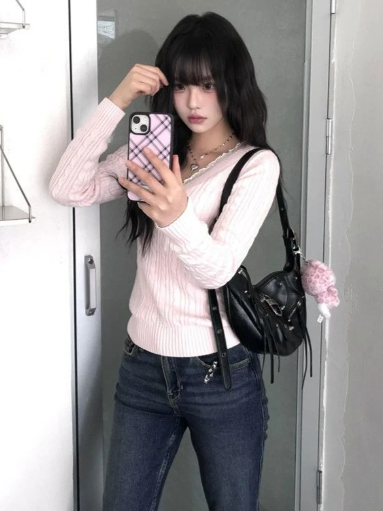 Pink Sweet Y2K Fake Two Piece Knit Sweater Top Women Autumn Lace Trim Bow V Neck Slim Fit Cropped Long Sleeve Daily Outfit 2026