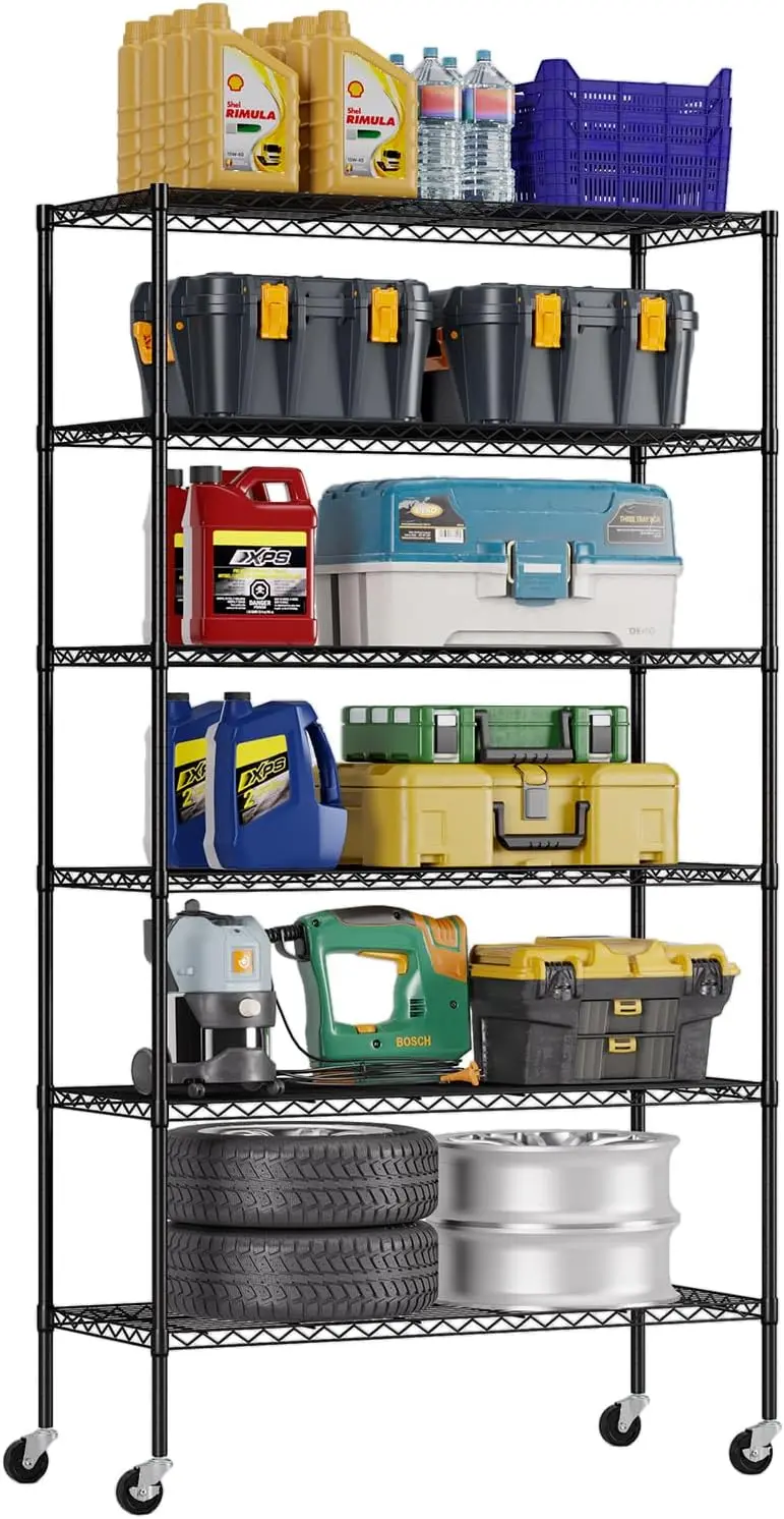 

6-Tier Wire Storage Shelves with Wheels, 45x18x82 Inches, Black Adjustable Racks, Heavy-Duty Metal Shelf Holds Up to 2100 lbs