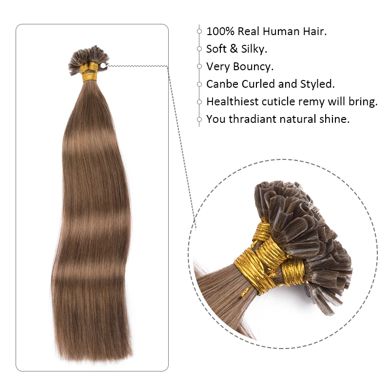 U Tip Hair Extensions Straight Human Hair 1.2cm Keratin Natural Hair Extension Nail Bond Capsule Remy Hair 1g/Strand 12-26inch