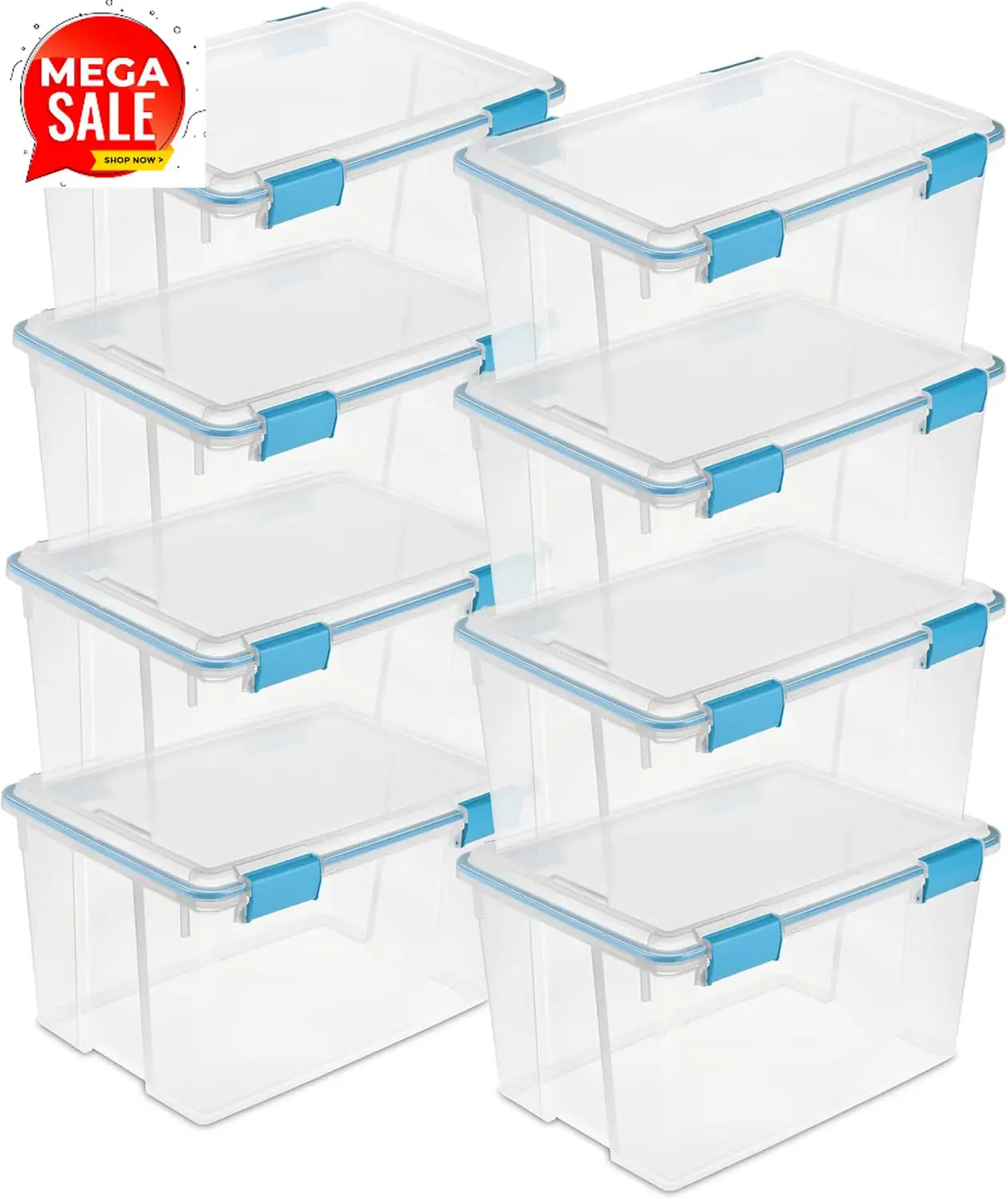 8-Pack Gasket Box, Weather-Resistant Storage Bins with Latching Lids, 54 Quart - Heavy-Duty Organizing Containers for Closet, Ba