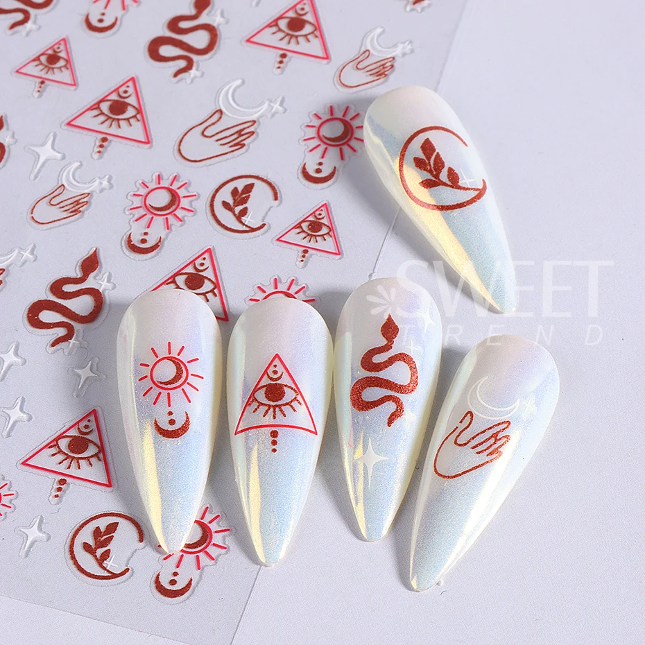 Autocollants 3D pour ongles, 2 pièces, feuilles de ligne dorée, Halloween, mauvais œil, serpent, soleil, étoile, ligne dorée, décalcomanies pour ongles, décorations de manucure à faire soi-même