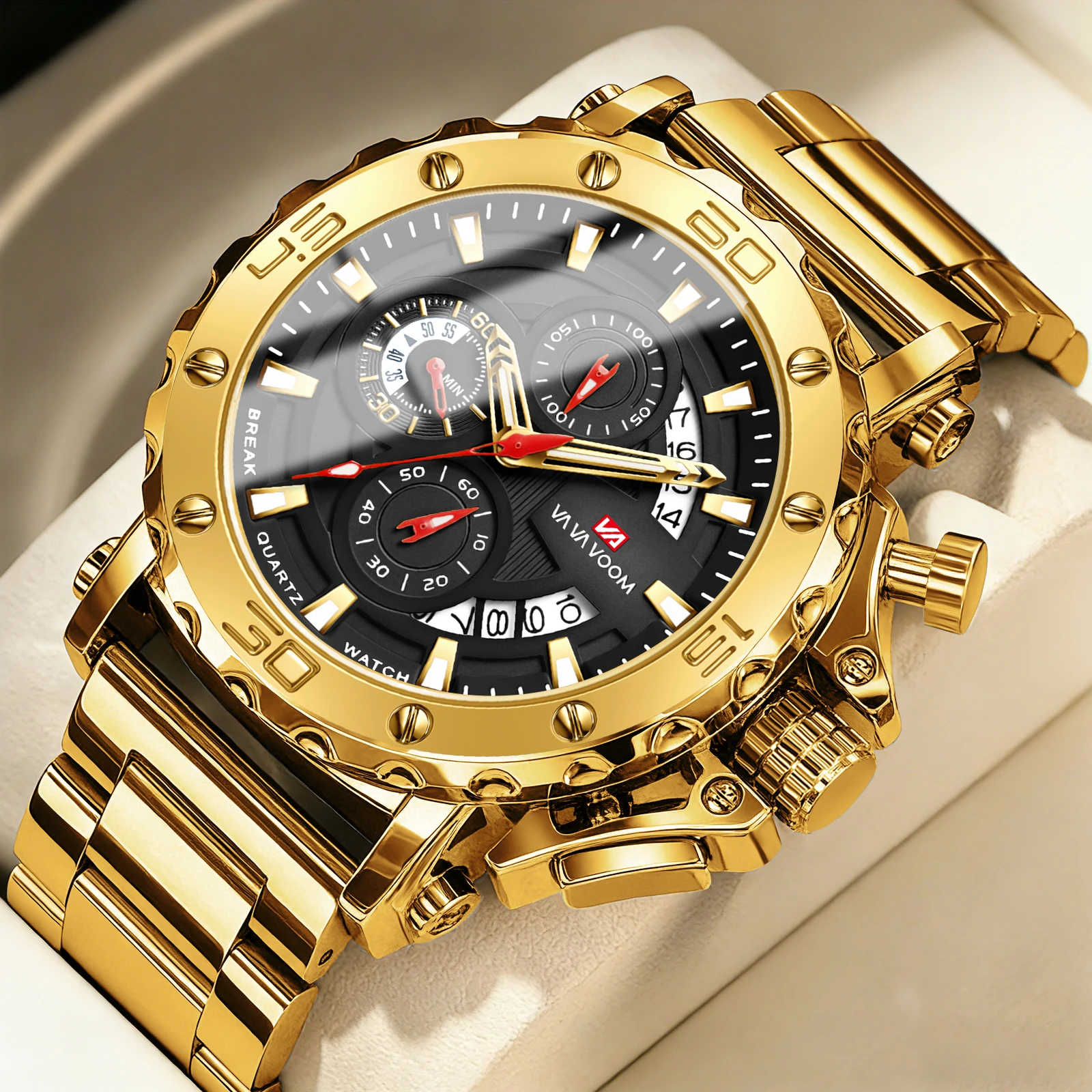 Men Multifunctional Sports Timing 46mm Clock Silver Stainless Steel Strap Fashion Luminous Dial Waterproof Quartz Watch for Men