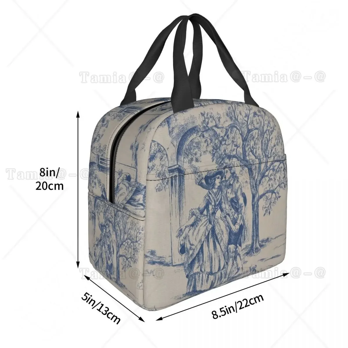 French Toile De Jouy Navy Blue Motif Pattern Thermal Insulated Lunch Bag Lunch Container for Outdoor Picnic Storage Food Box