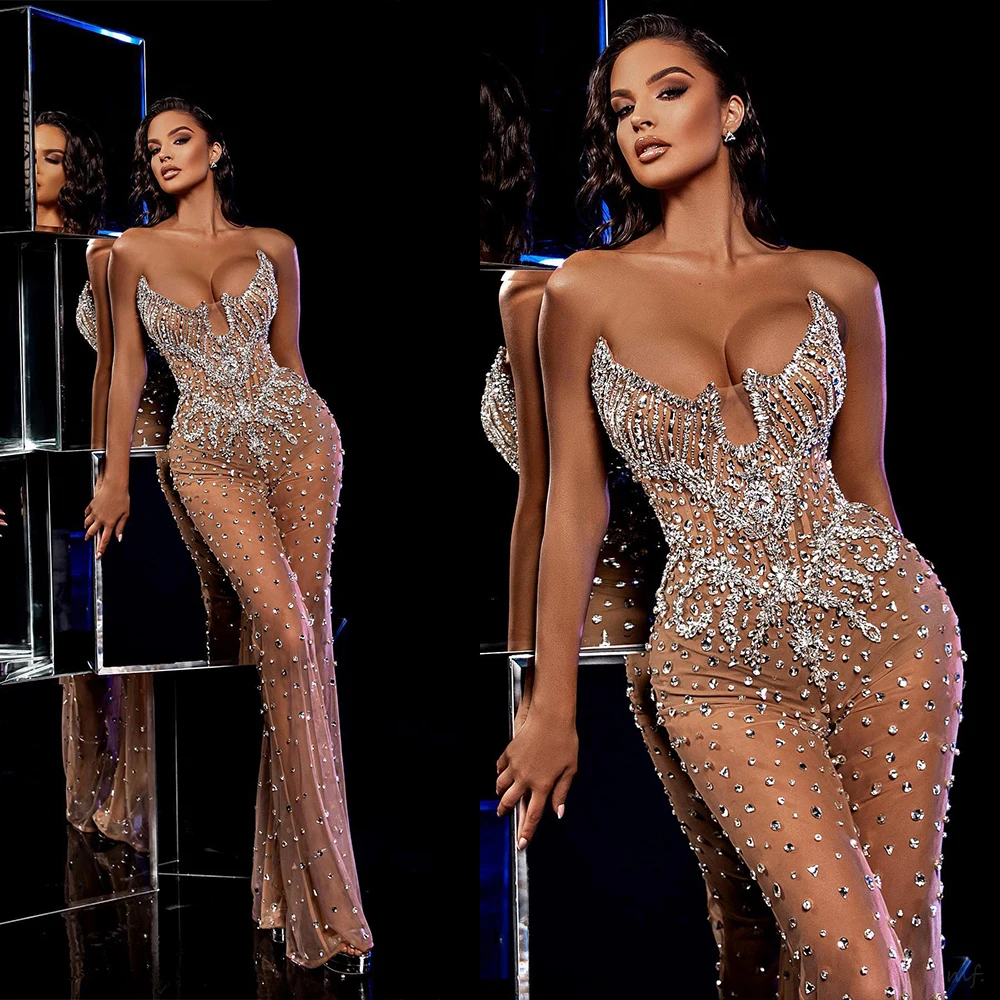 Abiti da sera di lusso Sirena senza spalline Strass Cristalli Abiti da ballo senza maniche فسات БmaveraRealizzato su misura