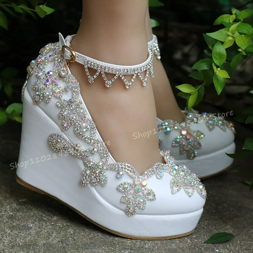 

White Crystal Platform Silk Pumps Wedges Heel Ankle Strap Chain Decor Fashion Women Autumn Dress Shoes 2023 Zapatos Para Mujere