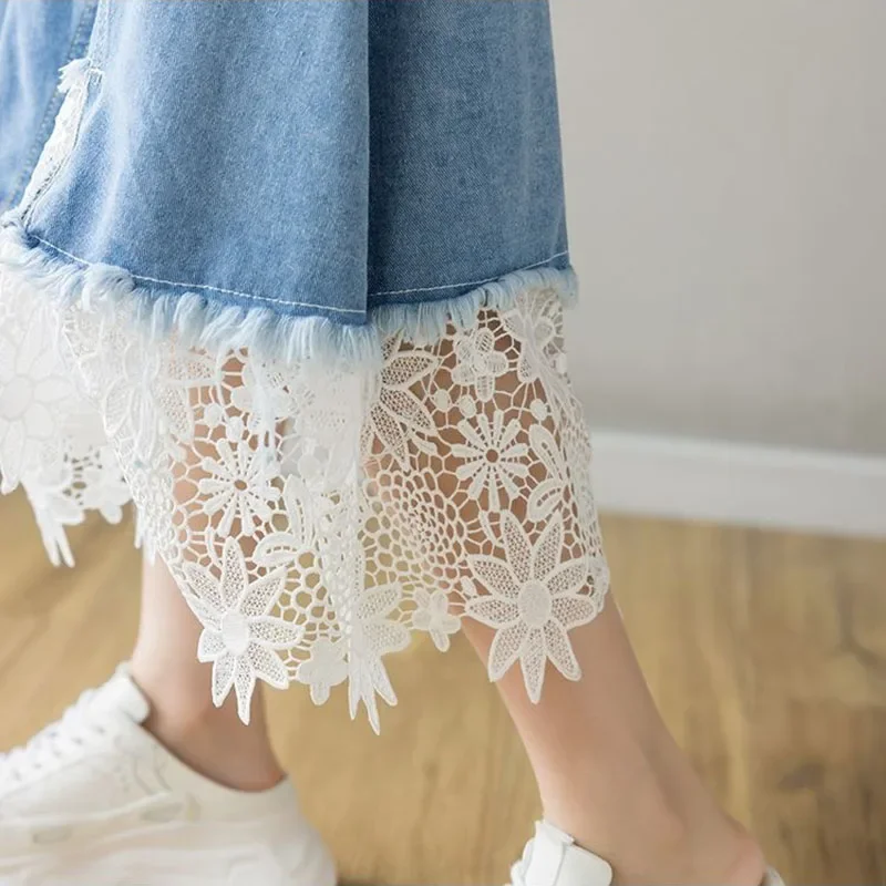 Harajuku Lace Patchwork Denim Skirt Woman Korean High Waist Blue Midi Skirts Women Summer Fashion Plus Sized 3Xl A-Line Skirt