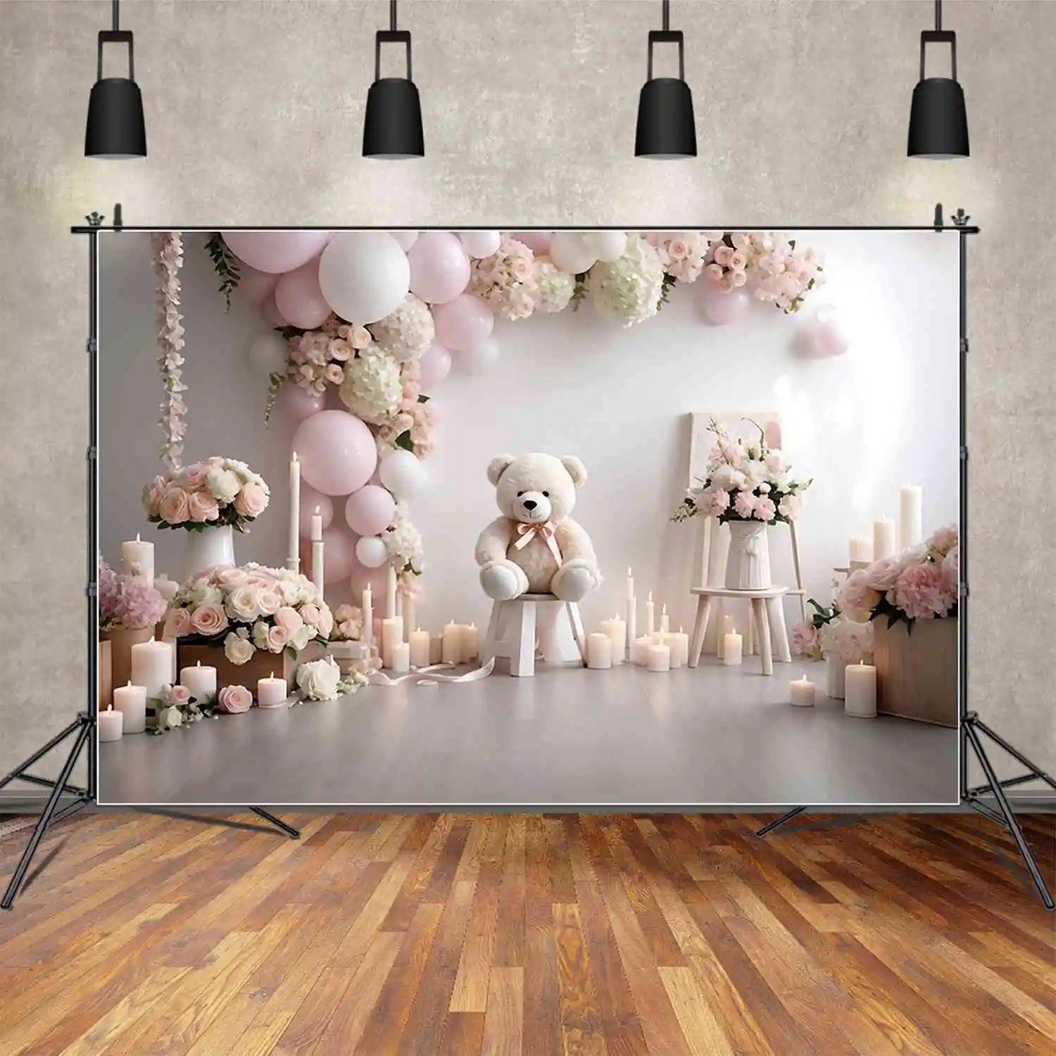 

MOON.QG Floral Flower First Birthday Backdrop Baby Shower Teddy Bear Balloon Indoor Backgrounds Custom Party Photocall Supplies