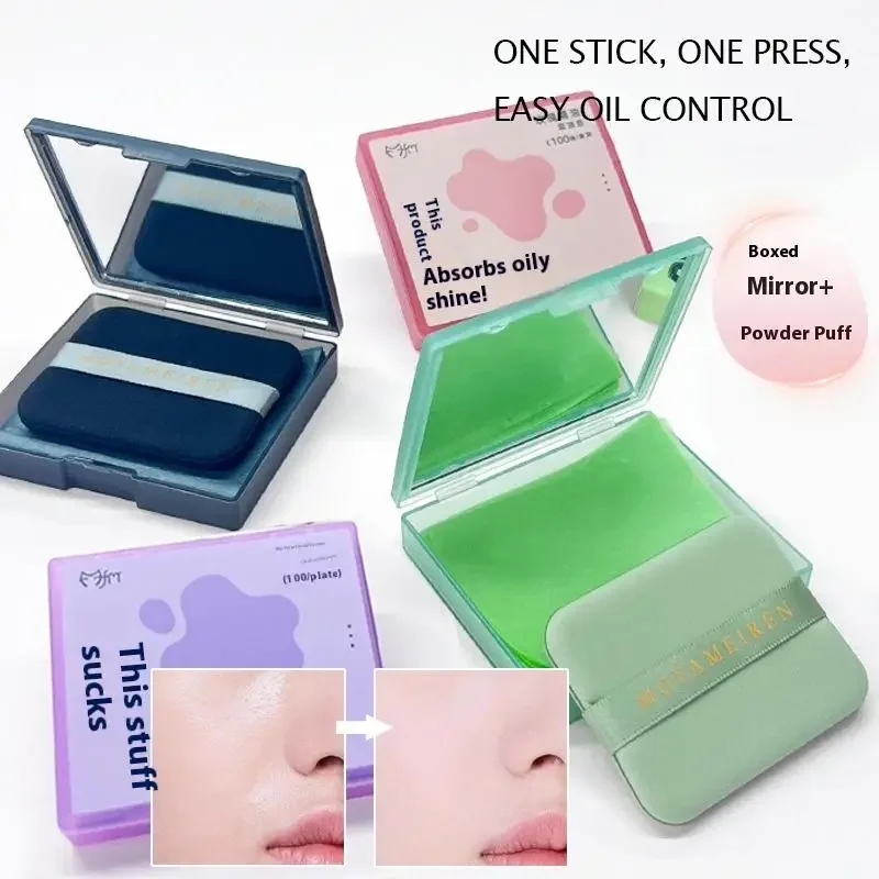 100 ورقة من الورق الممتص للزيت مع علبة مرآة وورق شاي فحم الخيزران المحمول الذي يحمل الزيت لمكياج البشرة الدهنية