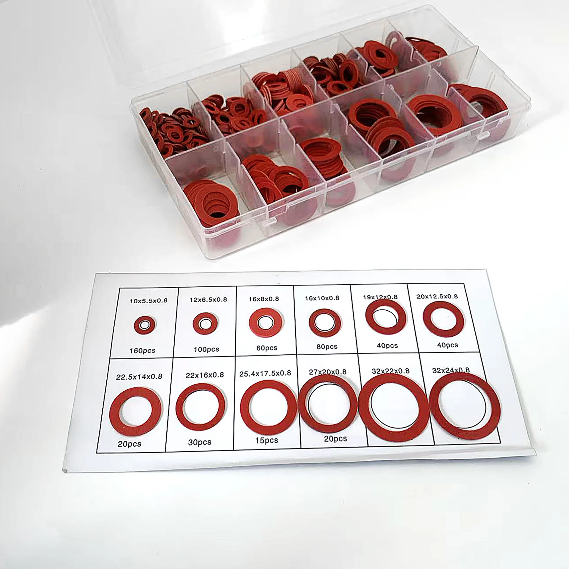 

600Pcs Red Steel Paper O-Ring Flat Washers Kit CS 0.8MM ID 5.5mm-24mm OD 10mm-32mm Mechanical Seal Insulation Gaskets Assortment