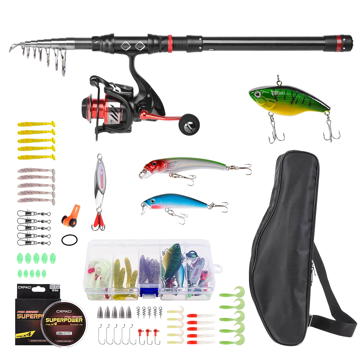 Leo Portable Fishing Rod Reel Combos Carbon Fiber Telescopic Fishing Rod Set with All Accessories 64 Pcs for Travel Saltwater