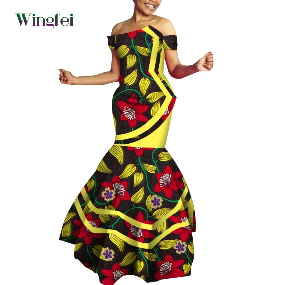 African Clothes for Women Fashion Robe Africaine Floral Print Maix Long Strapless Dresses Dashiki Women Party Dress WY4794