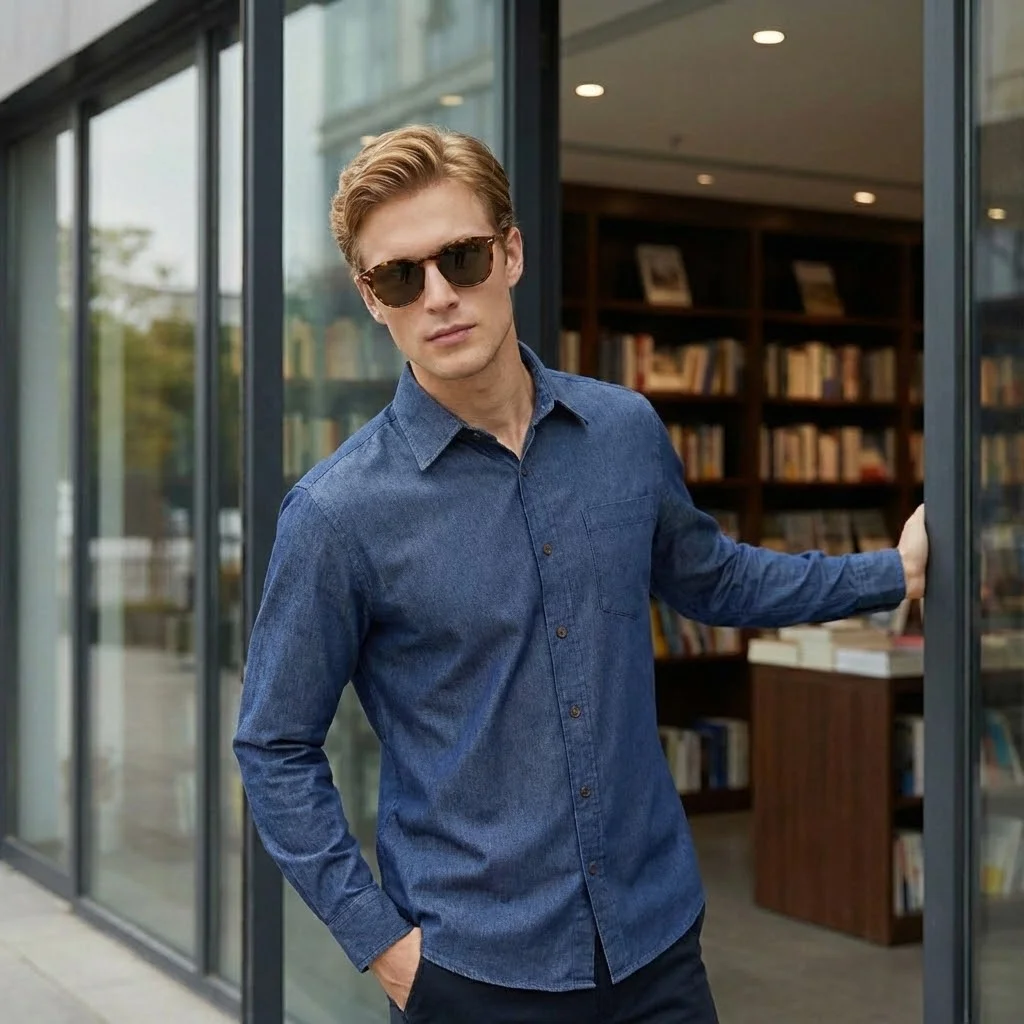 

Мужская джинсовая рубашка: новинка весна-лето, однобортная, приталенная, модная, легкая, для активного отдыха