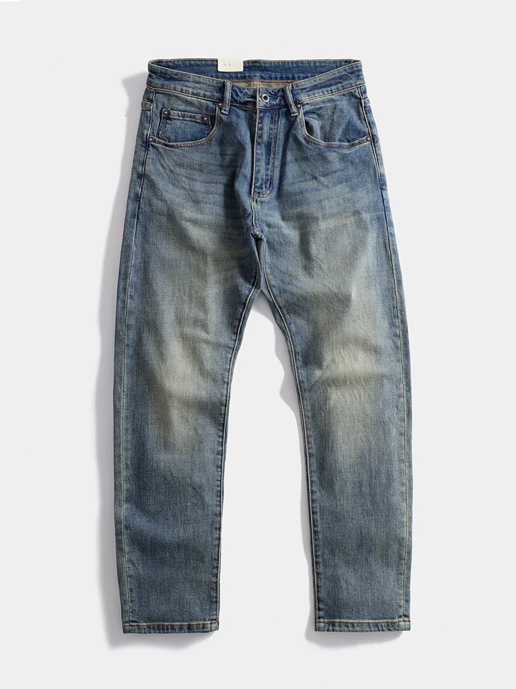 

Retro Waed Denim Jeans Japanese Sle Slight Elastic Straight Leg Casual Pants Men's Workwear Light Blue Long Trousers