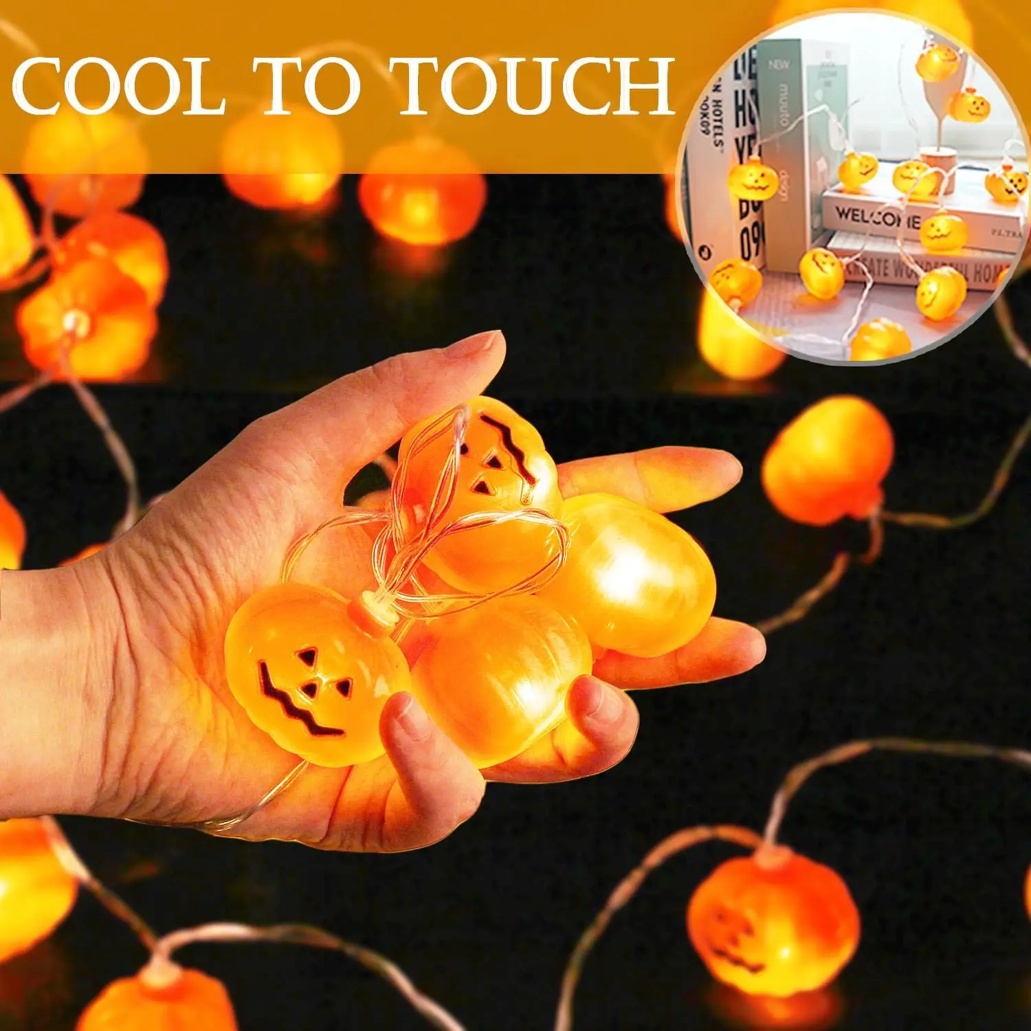 10/20LEDs Halloween Pumpkin Shape String Light Battery Powered Hanging Ornament Cute Jack-O-Lantern Lamp Scary Party Decorations