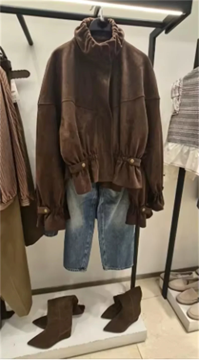 Guobioziy Women's Jacket 2026 Fall European and American Style High-End Long Sleeve Stand Collar Suede Texture Jacket