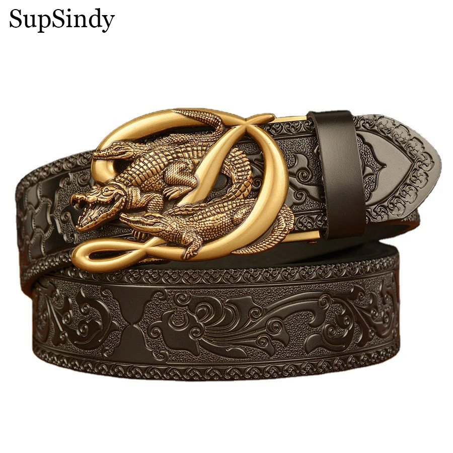 SupSindy Men Genuine Leather Belt Luxury Gold Crocodile Metal Automatic Buckle Cowhide Belts for Men Jeans Waistband Male Strap