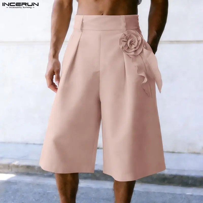 INCERUN Men Shorts Flower Decoration Solid Color High Waist Men Bottoms Streetwear Baggy 2026 Fashion Casual Wide Leg Shorts Men